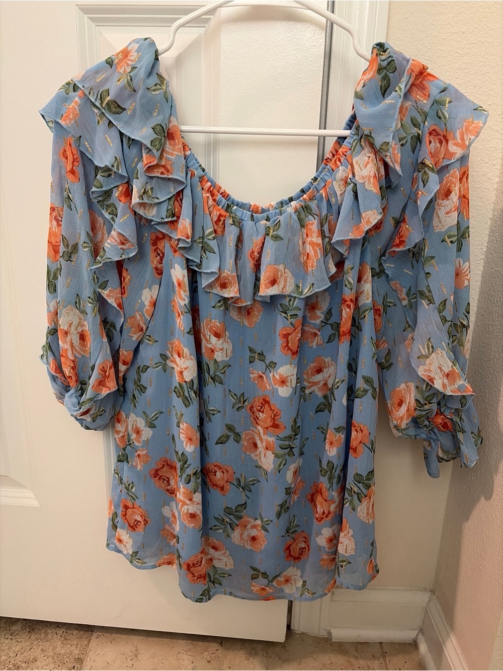Blue Floral Ruffle Off-Shoulder Blouse - Picture 2 of 3